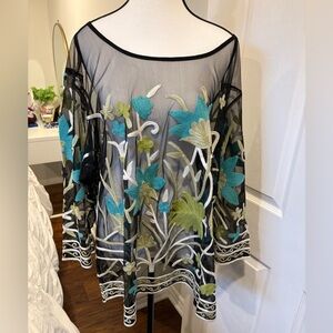 Parsley & Sage Embroidered Mesh Top | Boho Floral Wool Detail | Sheer Black | 3X